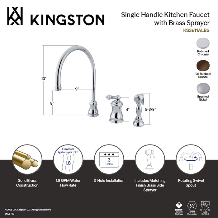 Kingston Tulare KS3818ALBS - Restoration Single-Handle 3-Hole Widespread Kitchen Faucet with Brass Sprayer, Brushed Nickel
