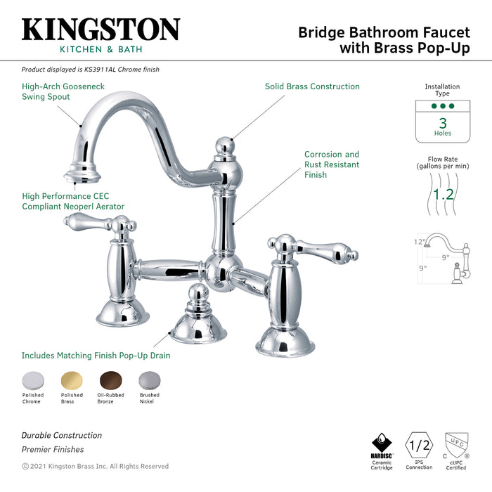 Kingston Heirloom KS3911AL - Restoration Two-Handle 3-Hole Deck Mount Bridge Bathroom Faucet with Brass Pop-Up, Polished Chrome