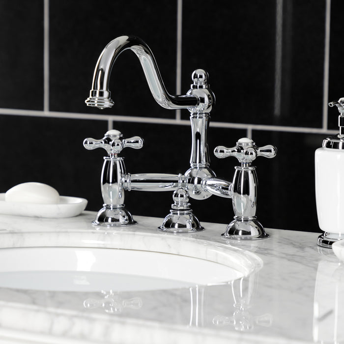 Kingston Heirloom KS3911AX - Restoration Two-Handle 3-Hole Deck Mount Bridge Bathroom Faucet with Brass Pop-Up, Polished Chrome