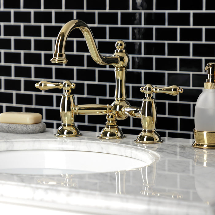 Kingston Heirloom KS3912AL - Restoration Two-Handle 3-Hole Deck Mount Bridge Bathroom Faucet with Brass Pop-Up, Polished Brass