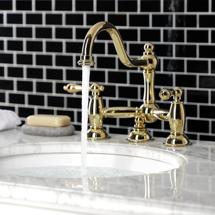Kingston Heirloom KS3912AL - Restoration Two-Handle 3-Hole Deck Mount Bridge Bathroom Faucet with Brass Pop-Up, Polished Brass