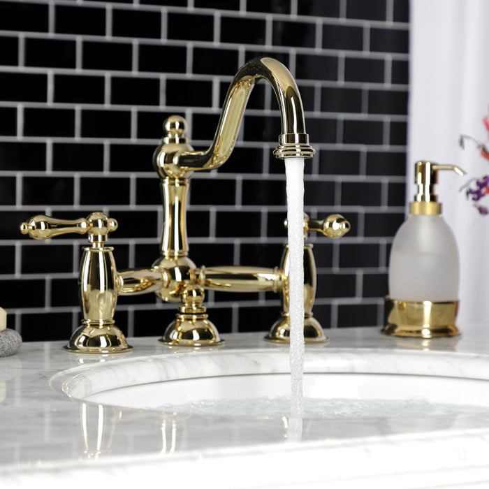Kingston Heirloom KS3912AL - Restoration Two-Handle 3-Hole Deck Mount Bridge Bathroom Faucet with Brass Pop-Up, Polished Brass