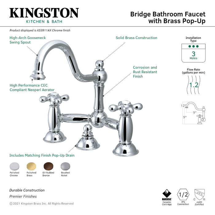 Kingston Heirloom KS3912AX - Restoration Two-Handle 3-Hole Deck Mount Bridge Bathroom Faucet with Brass Pop-Up, Polished Brass