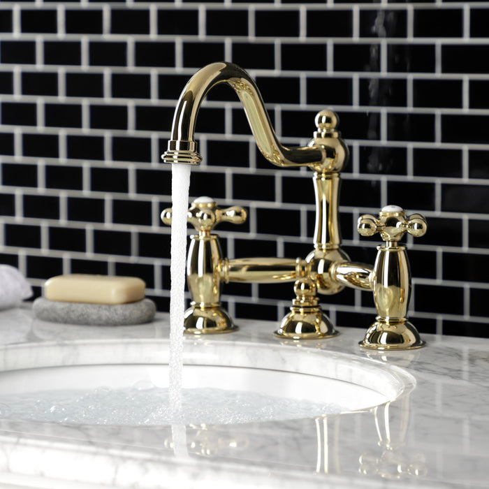 Kingston Heirloom KS3912AX - Restoration Two-Handle 3-Hole Deck Mount Bridge Bathroom Faucet with Brass Pop-Up, Polished Brass