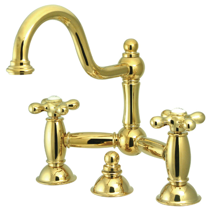 Kingston Heirloom KS3912AX - Restoration Two-Handle 3-Hole Deck Mount Bridge Bathroom Faucet with Brass Pop-Up, Polished Brass