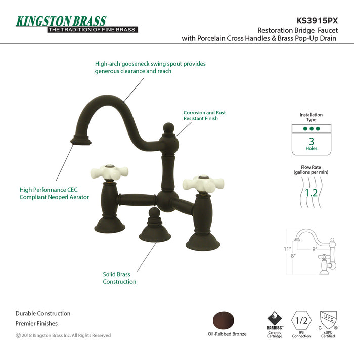 Kingston Heirloom KS3915PX - Restoration Two-Handle 3-Hole Deck Mount Bridge Bathroom Faucet with Brass Pop-Up, Oil Rubbed Bronze