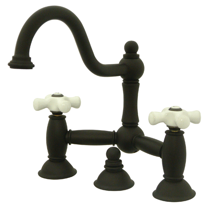 Kingston Heirloom KS3915PX - Restoration Two-Handle 3-Hole Deck Mount Bridge Bathroom Faucet with Brass Pop-Up, Oil Rubbed Bronze