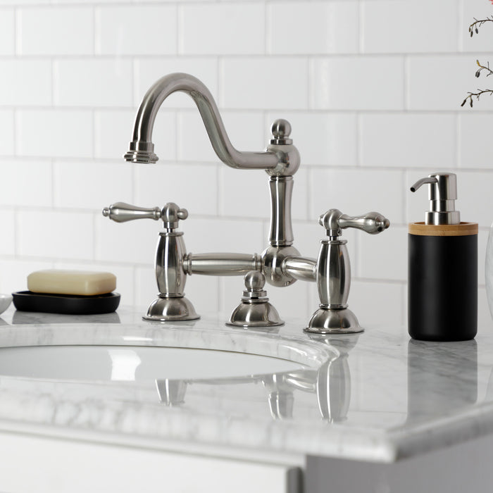Kingston Heirloom KS3918AL - Restoration Two-Handle 3-Hole Deck Mount Bridge Bathroom Faucet with Brass Pop-Up, Brushed Nickel