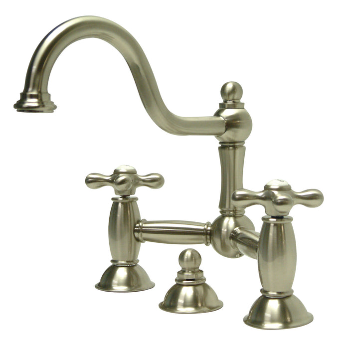 Kingston Heirloom KS3918AX - Restoration Two-Handle 3-Hole Deck Mount Bridge Bathroom Faucet with Brass Pop-Up, Brushed Nickel