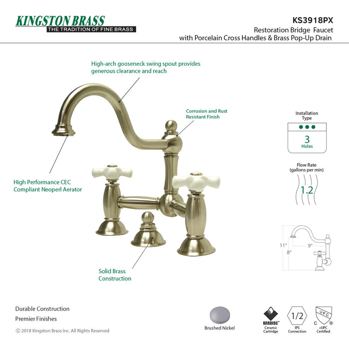 Kingston Heirloom KS3918PX - Restoration Two-Handle 3-Hole Deck Mount Bridge Bathroom Faucet with Brass Pop-Up, Brushed Nickel
