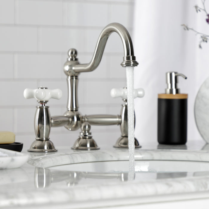Kingston Heirloom KS3918PX - Restoration Two-Handle 3-Hole Deck Mount Bridge Bathroom Faucet with Brass Pop-Up, Brushed Nickel