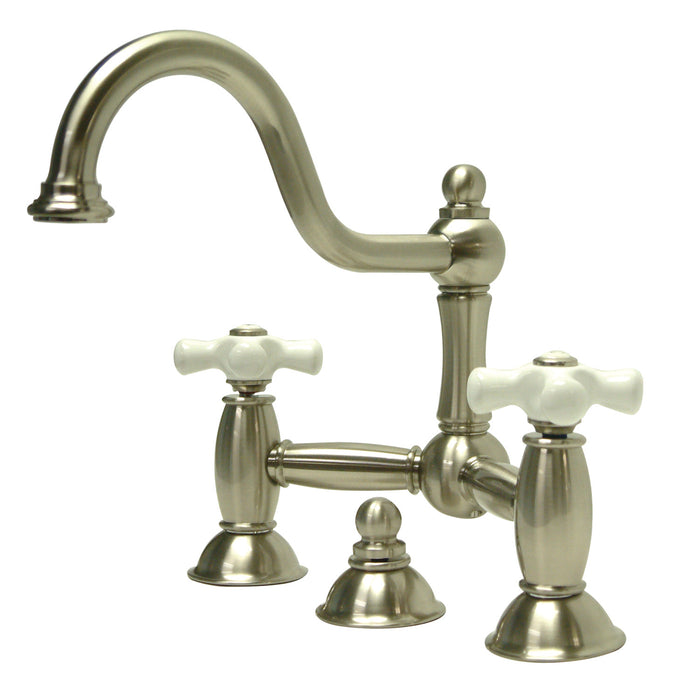 Kingston Heirloom KS3918PX - Restoration Two-Handle 3-Hole Deck Mount Bridge Bathroom Faucet with Brass Pop-Up, Brushed Nickel