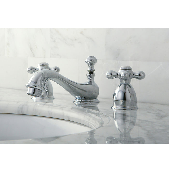 Kingston Heirloom KS3951AX - Restoration Two-Handle 3-Hole Deck Mount Mini-Widespread Bathroom Faucet with Brass Pop-Up, Polished Chrome
