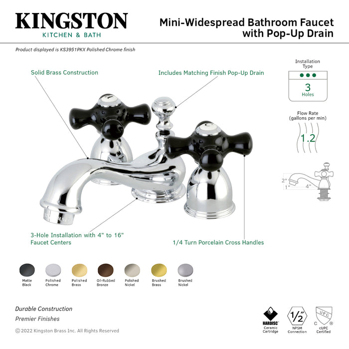 Kingston Heirloom KS3951PKX - Duchess Two-Handle 3-Hole Deck Mount Mini-Widespread Bathroom Faucet with Brass Pop-Up, Polished Chrome