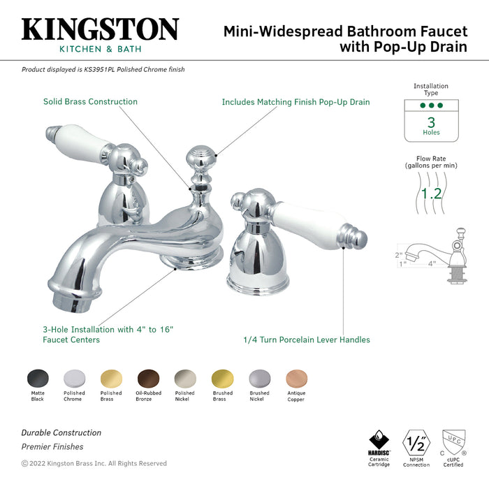 Kingston Heirloom KS3951PL - Restoration Two-Handle 3-Hole Deck Mount Mini-Widespread Bathroom Faucet with Brass Pop-Up, Polished Chrome