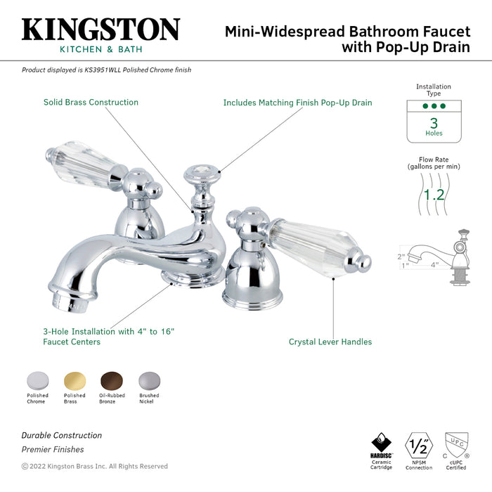 Kingston Heirloom KS3951WLL - Wilshire Two-Handle 3-Hole Deck Mount Mini-Widespread Bathroom Faucet with Brass Pop-Up, Polished Chrome