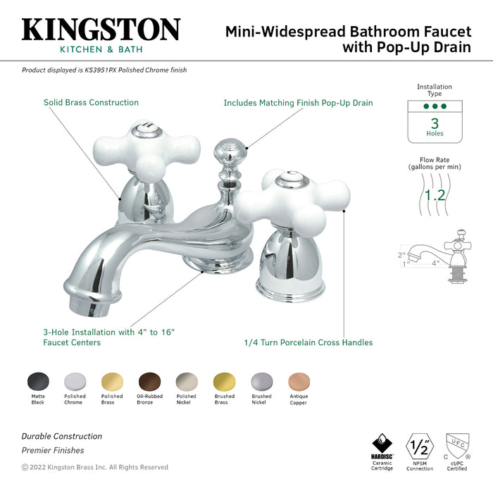 Kingston Heirloom KS3952PX - Restoration Two-Handle 3-Hole Deck Mount Mini-Widespread Bathroom Faucet with Brass Pop-Up, Polished Brass