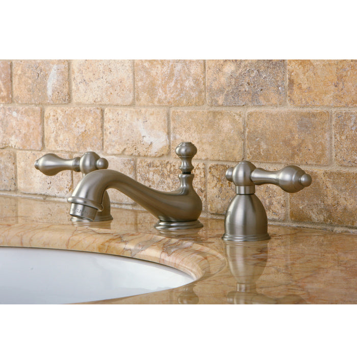 Kingston Heirloom KS3958AL - Restoration Two-Handle 3-Hole Deck Mount Mini-Widespread Bathroom Faucet with Brass Pop-Up, Brushed Nickel