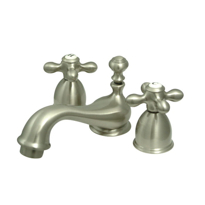 Kingston Heirloom KS3958AX - Restoration Two-Handle 3-Hole Deck Mount Mini-Widespread Bathroom Faucet with Brass Pop-Up, Brushed Nickel