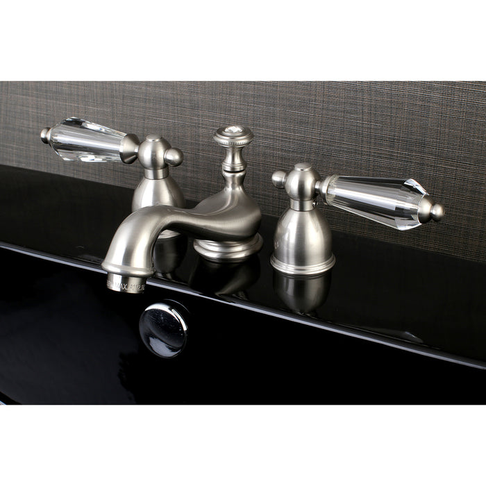 Kingston Heirloom KS3958WLL - Wilshire Two-Handle 3-Hole Deck Mount Mini-Widespread Bathroom Faucet with Brass Pop-Up, Brushed Nickel