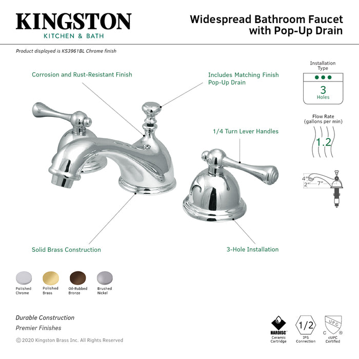 Kingston Heirloom KS3961BL - Vintage Two-Handle 3-Hole Deck Mount Widespread Bathroom Faucet with Brass Pop-Up, Polished Chrome