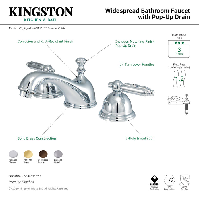 Kingston Tulare KS3961GL - Georgian Two-Handle 3-Hole Deck Mount Widespread Bathroom Faucet with Brass Pop-Up, Polished Chrome
