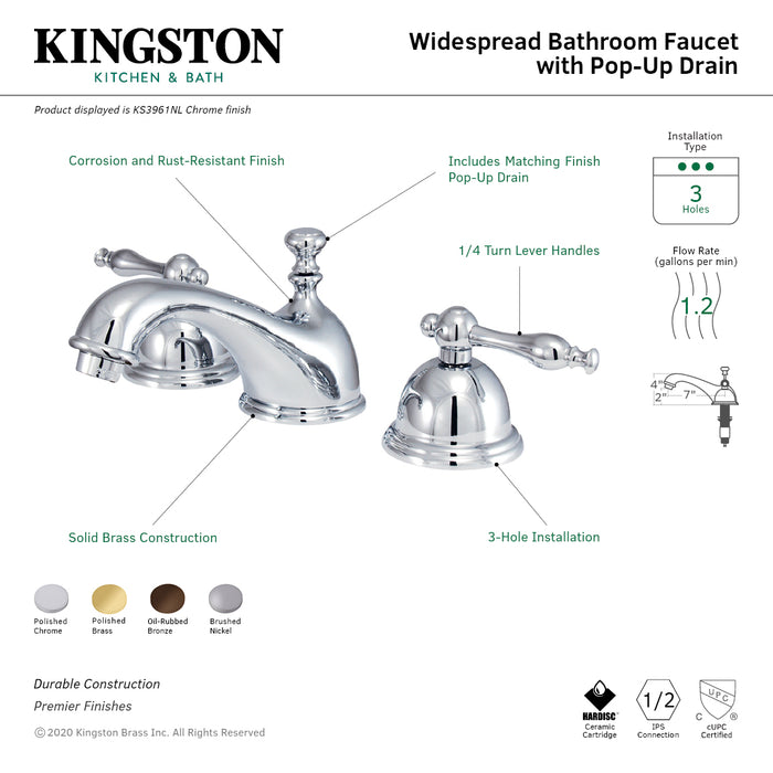 Kingston Heirloom KS3961NL - Naples Two-Handle 3-Hole Deck Mount Widespread Bathroom Faucet with Brass Pop-Up, Polished Chrome