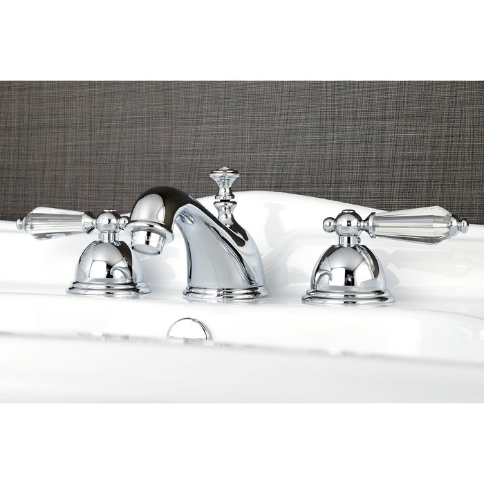 Kingston Tulare KS3961WLL - Wilshire Two-Handle 3-Hole Deck Mount Widespread Bathroom Faucet with Brass Pop-Up, Polished Chrome