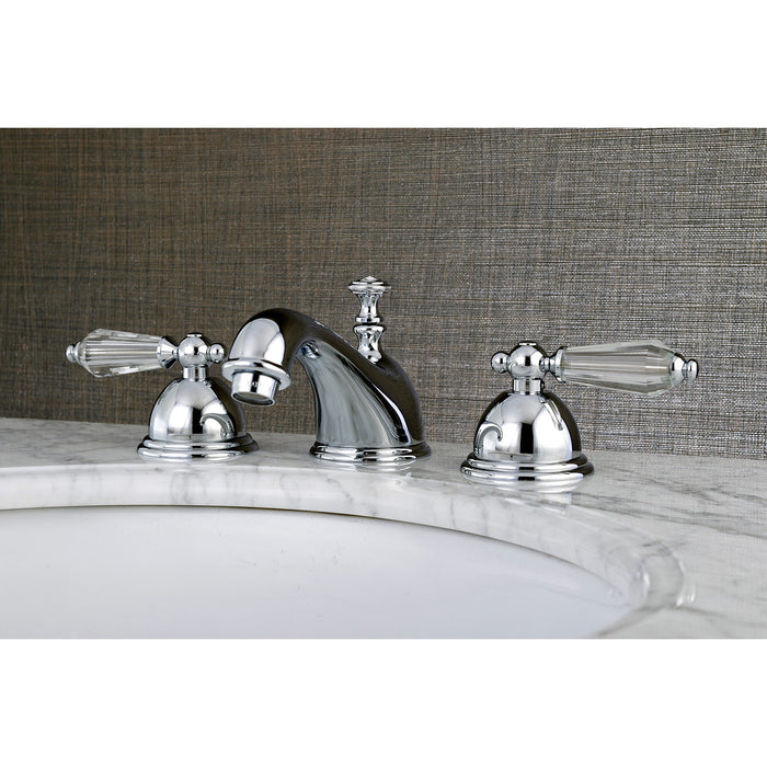 Kingston Tulare KS3961WLL - Wilshire Two-Handle 3-Hole Deck Mount Widespread Bathroom Faucet with Brass Pop-Up, Polished Chrome