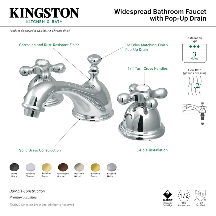 Kingston Heirloom KS3962AX - Restoration Two-Handle 3-Hole Deck Mount Widespread Bathroom Faucet with Brass Pop-Up, Polished Brass