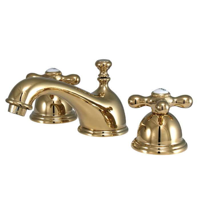 Kingston Heirloom KS3962AX - Restoration Two-Handle 3-Hole Deck Mount Widespread Bathroom Faucet with Brass Pop-Up, Polished Brass