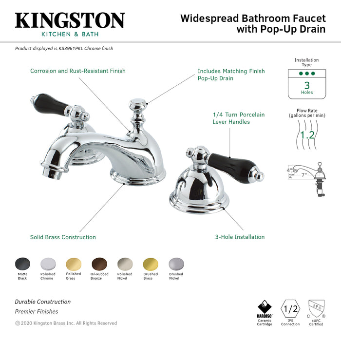 Kingston Heirloom KS3962PKL - Duchess Two-Handle 3-Hole Deck Mount Widespread Bathroom Faucet with Brass Pop-Up, Polished Brass