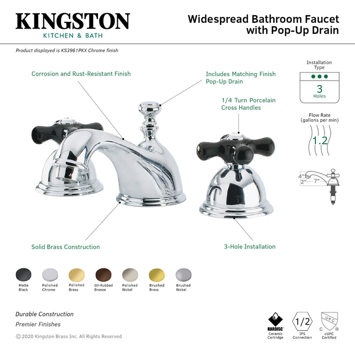 Kingston Heirloom KS3962PKX - Duchess Two-Handle 3-Hole Deck Mount Widespread Bathroom Faucet with Brass Pop-Up, Polished Brass