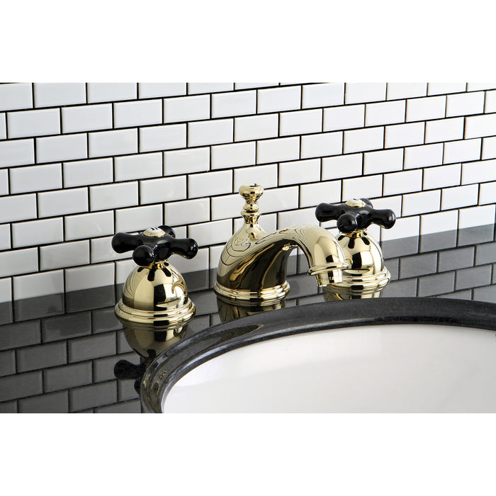Kingston Heirloom KS3962PKX - Duchess Two-Handle 3-Hole Deck Mount Widespread Bathroom Faucet with Brass Pop-Up, Polished Brass