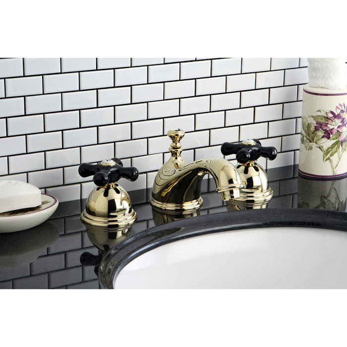 Kingston Heirloom KS3962PKX - Duchess Two-Handle 3-Hole Deck Mount Widespread Bathroom Faucet with Brass Pop-Up, Polished Brass