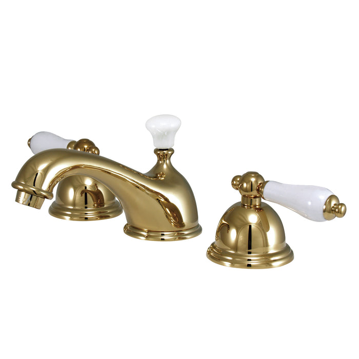 Kingston Heirloom KS3962PL - Restoration Two-Handle 3-Hole Deck Mount Widespread Bathroom Faucet with Brass Pop-Up, Polished Brass