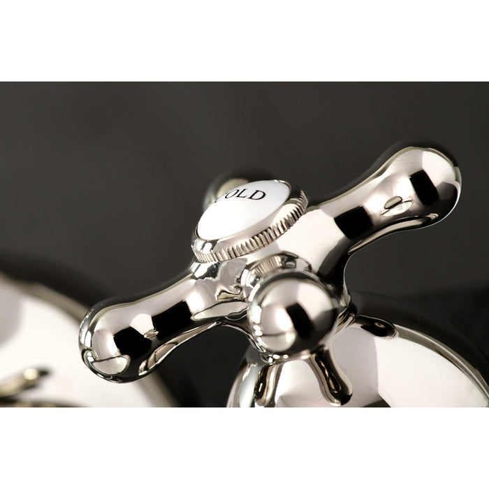Kingston Heirloom KS3966AX - Restoration Two-Handle 3-Hole Deck Mount Widespread Bathroom Faucet with Brass Pop-Up, Polished Nickel