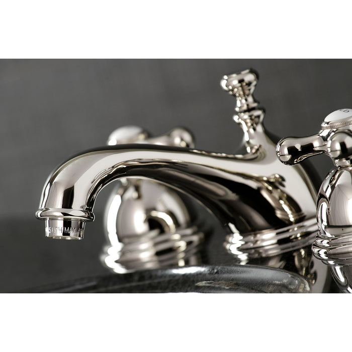 Kingston Heirloom KS3966AX - Restoration Two-Handle 3-Hole Deck Mount Widespread Bathroom Faucet with Brass Pop-Up, Polished Nickel