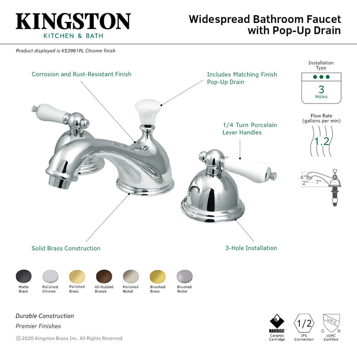 Kingston Heirloom KS3966PL - Restoration Two-Handle 3-Hole Deck Mount Widespread Bathroom Faucet with Brass Pop-Up, Polished Nickel