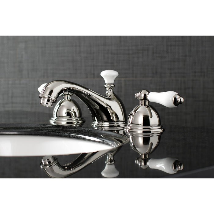 Kingston Heirloom KS3966PL - Restoration Two-Handle 3-Hole Deck Mount Widespread Bathroom Faucet with Brass Pop-Up, Polished Nickel