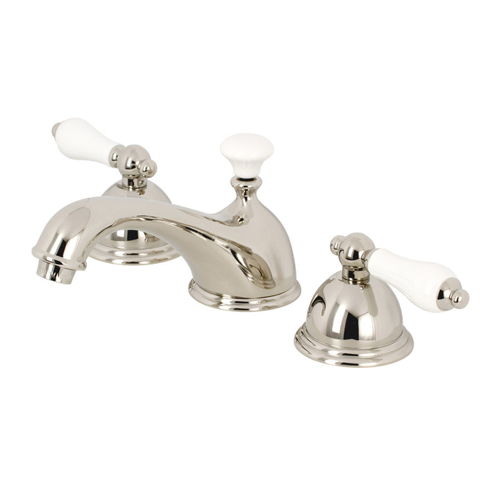 Kingston Heirloom KS3966PL - Restoration Two-Handle 3-Hole Deck Mount Widespread Bathroom Faucet with Brass Pop-Up, Polished Nickel