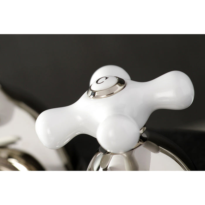 Kingston Heirloom KS3966PX - Restoration Two-Handle 3-Hole Deck Mount Widespread Bathroom Faucet with Brass Pop-Up, Polished Nickel