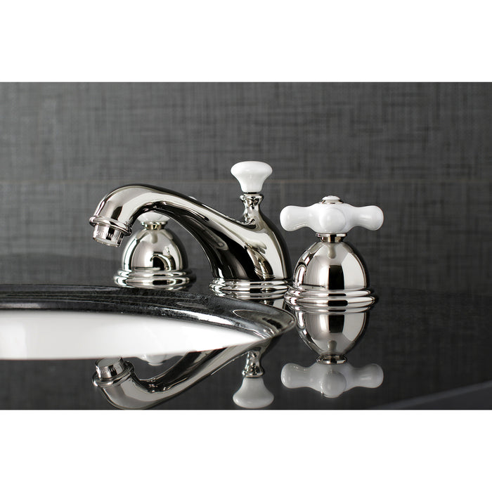 Kingston Heirloom KS3966PX - Restoration Two-Handle 3-Hole Deck Mount Widespread Bathroom Faucet with Brass Pop-Up, Polished Nickel