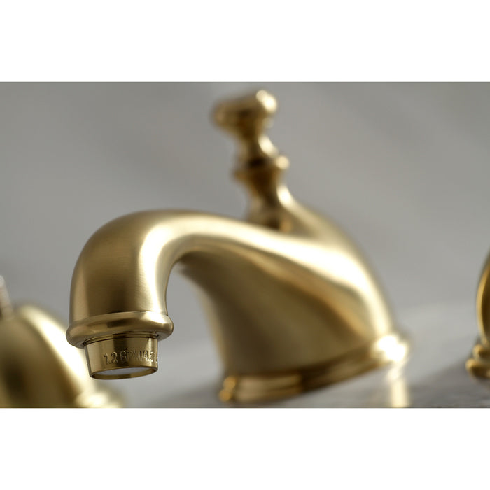 Kingston Heirloom KS3967AX - Restoration Two-Handle 3-Hole Deck Mount Widespread Bathroom Faucet with Brass Pop-Up, Brushed Brass