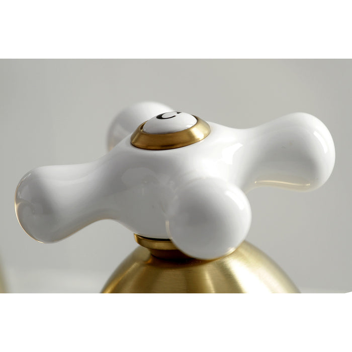 Kingston Heirloom KS3967PX - Restoration Two-Handle 3-Hole Deck Mount Widespread Bathroom Faucet with Brass Pop-Up, Brushed Brass