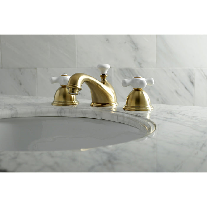 Kingston Heirloom KS3967PX - Restoration Two-Handle 3-Hole Deck Mount Widespread Bathroom Faucet with Brass Pop-Up, Brushed Brass