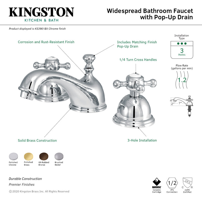 Kingston Heirloom KS3968BX - Vintage Two-Handle 3-Hole Deck Mount Widespread Bathroom Faucet with Brass Pop-Up, Brushed Nickel