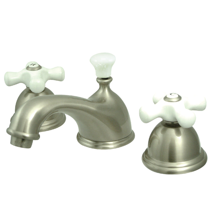 Kingston Heirloom KS3968PX - Restoration Two-Handle 3-Hole Deck Mount Widespread Bathroom Faucet with Brass Pop-Up, Brushed Nickel