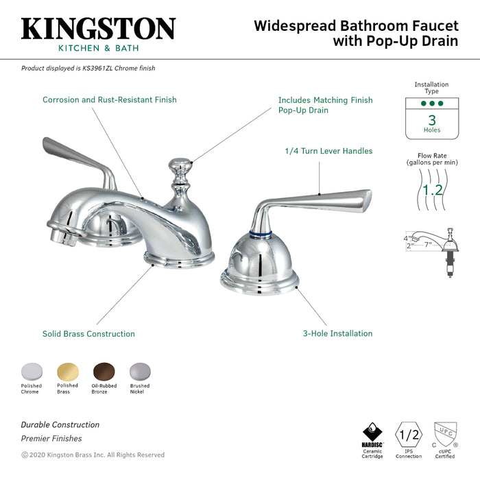 Kingston Tulare KS3968ZL - Silver Sage Two-Handle 3-Hole Deck Mount Widespread Bathroom Faucet with Brass Pop-Up, Brushed Nickel