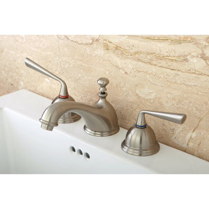Kingston Tulare KS3968ZL - Silver Sage Two-Handle 3-Hole Deck Mount Widespread Bathroom Faucet with Brass Pop-Up, Brushed Nickel